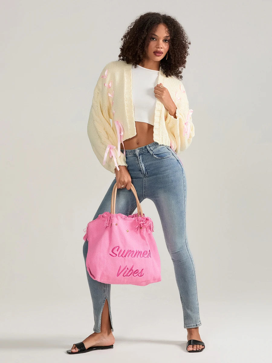 Pink Ribbons Knitted Cardigan Sweater
