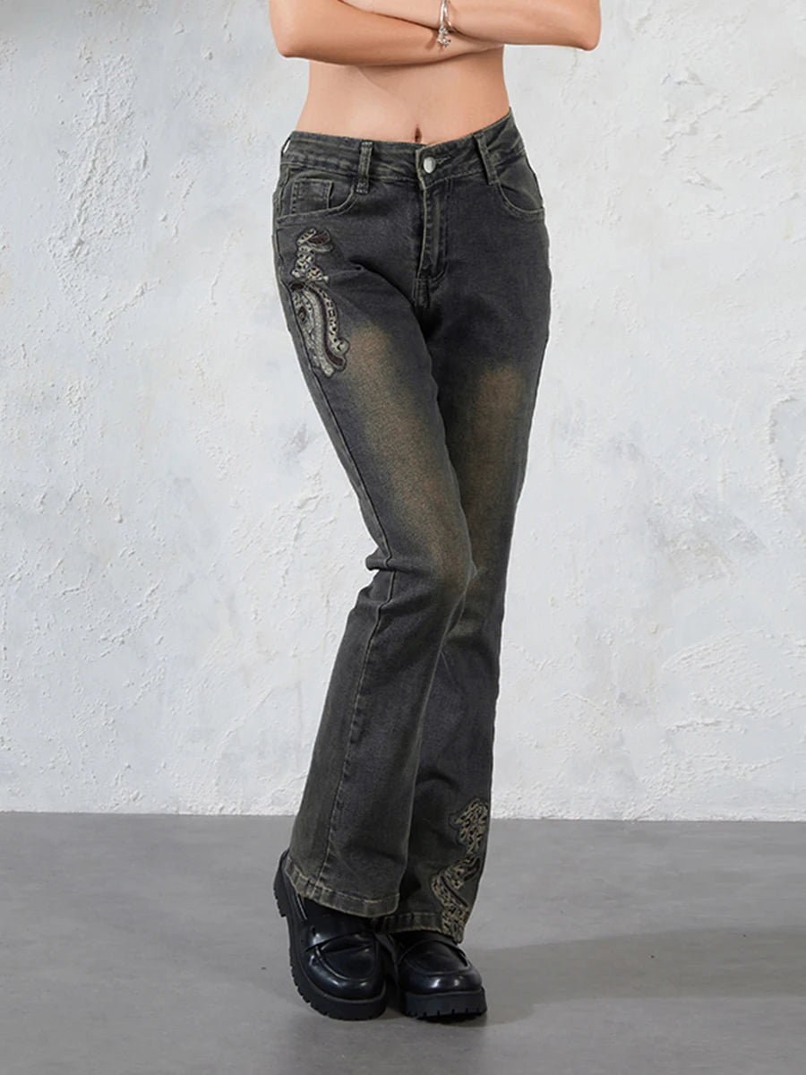 Grunge Fairycore Embroidered Jeans