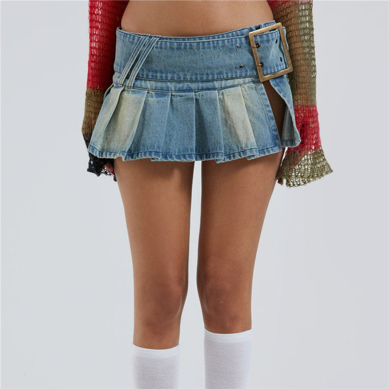 Sexy Short Pleated Denim Mini Skirt