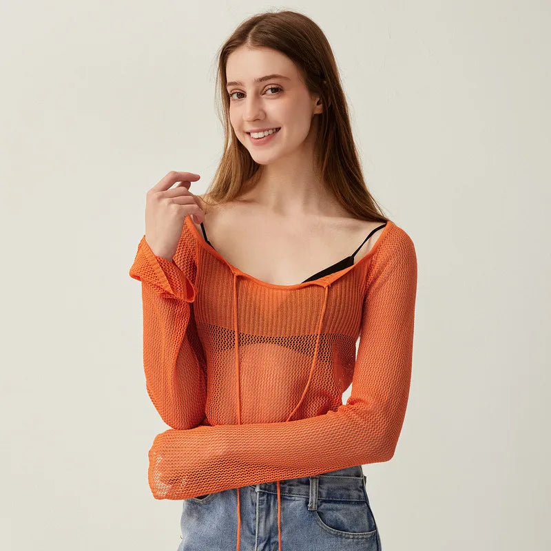 Knit Sheer Tie Up Front Top