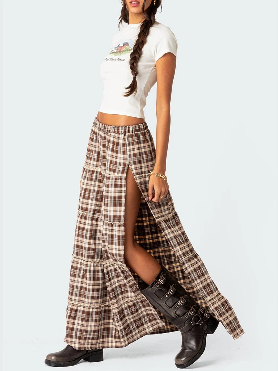Plaid Print Pleated Midi Skirt