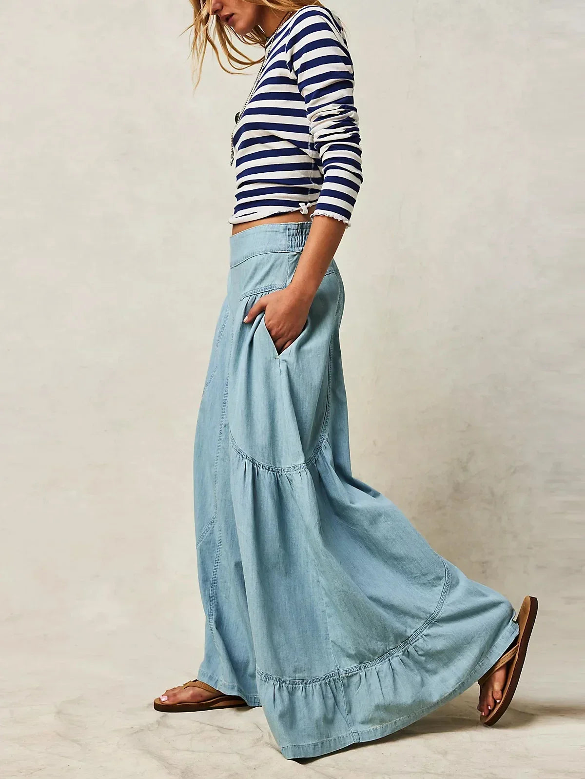 Blue Side‑Pocket Stripe Wide Pants