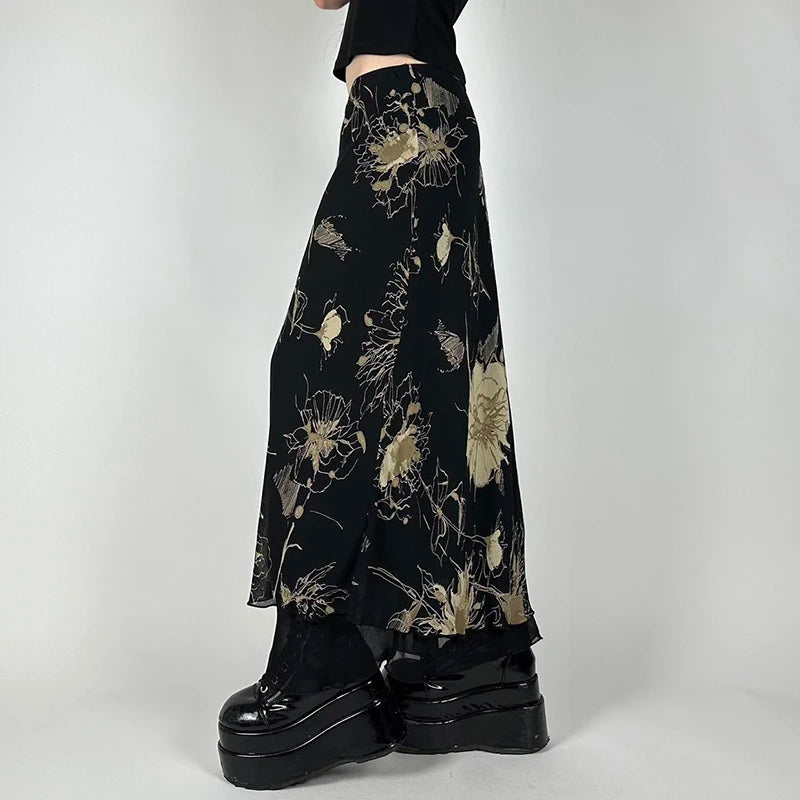 Floral Print Low Rise Long Skirt