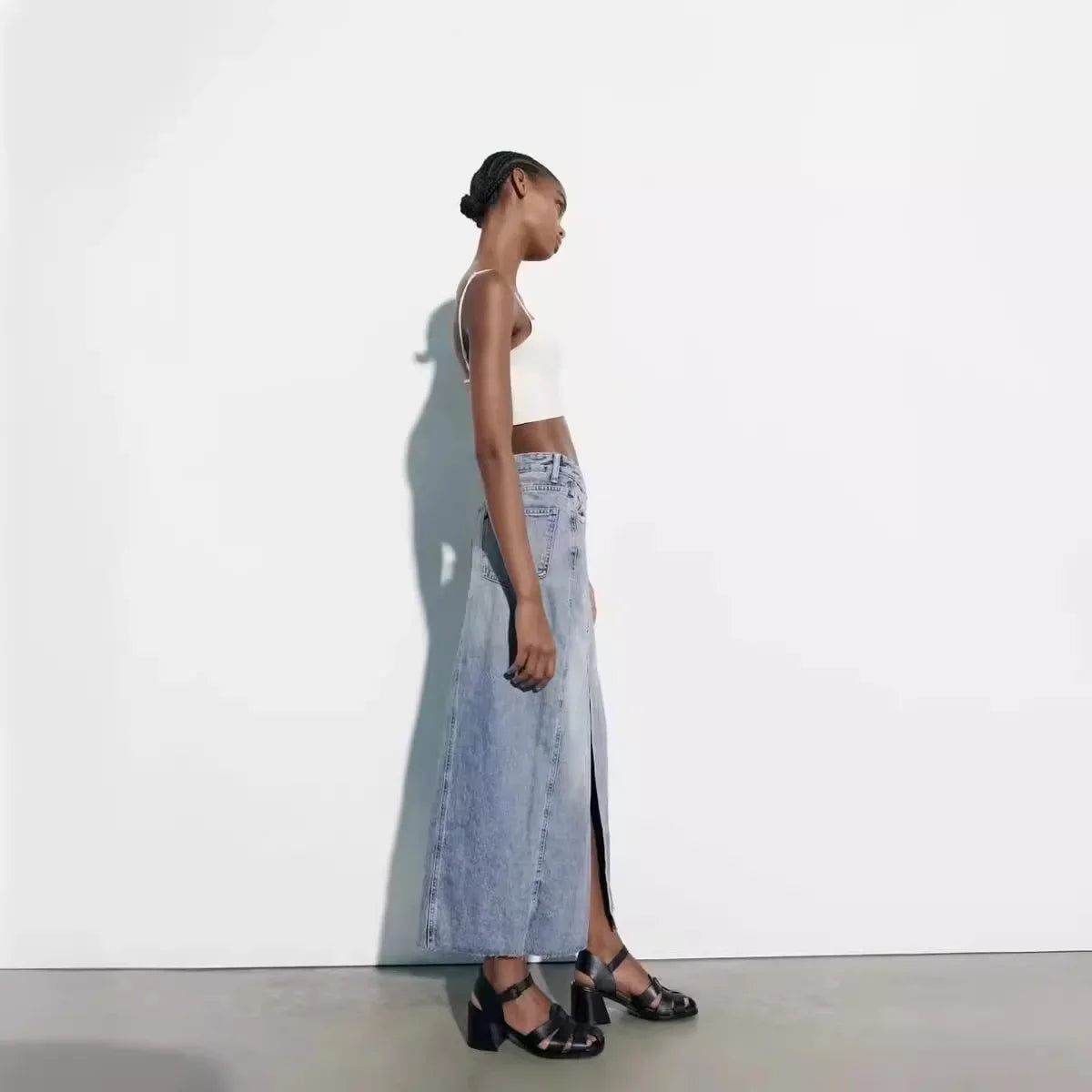 Over Knee Denim Casual Midi Skirt
