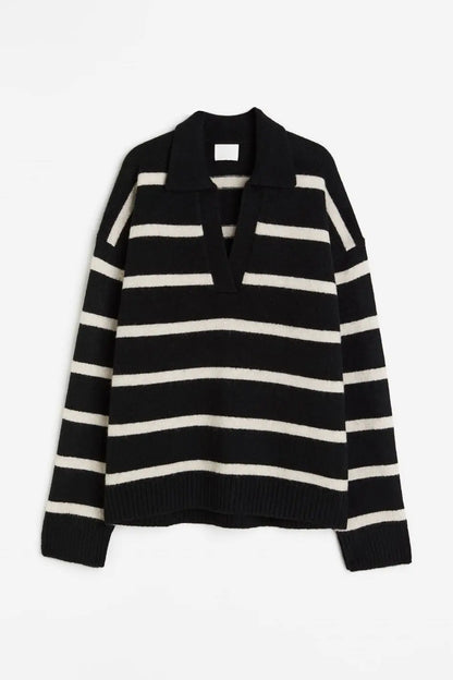 Collar Fine-Knit V-Neck Sweater