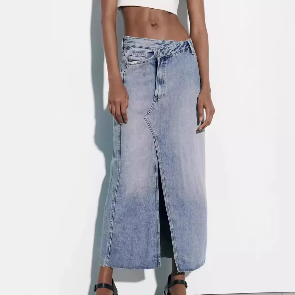 Over Knee Denim Casual Midi Skirt
