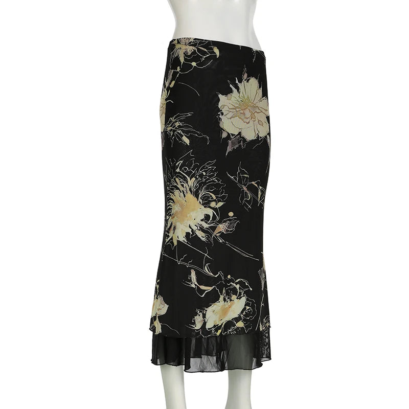 Floral Print Low Rise Long Skirt