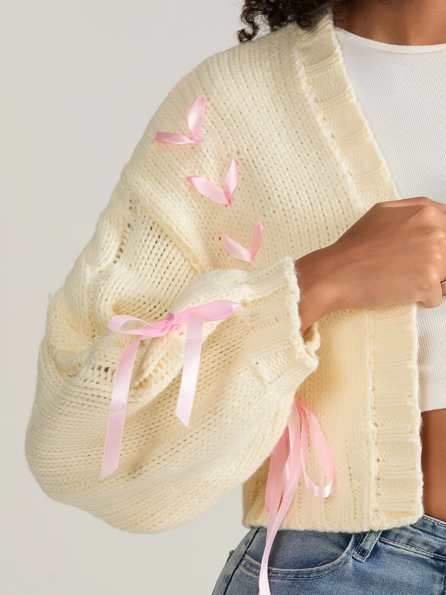 Pink Ribbons Knitted Cardigan Sweater