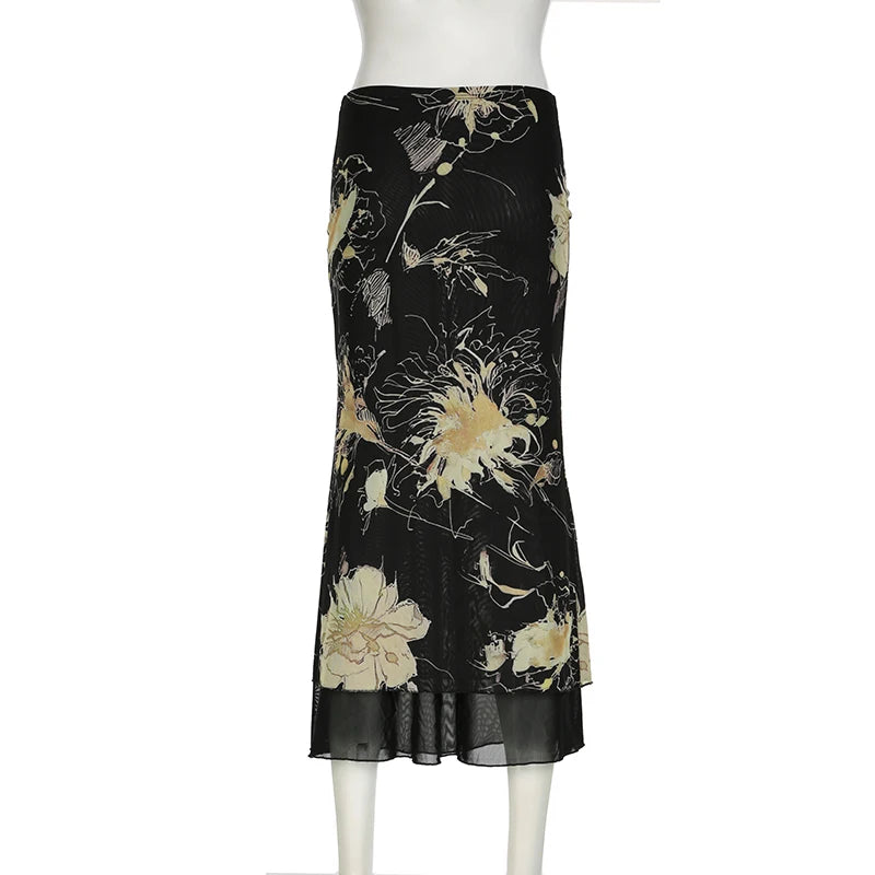 Floral Print Low Rise Long Skirt