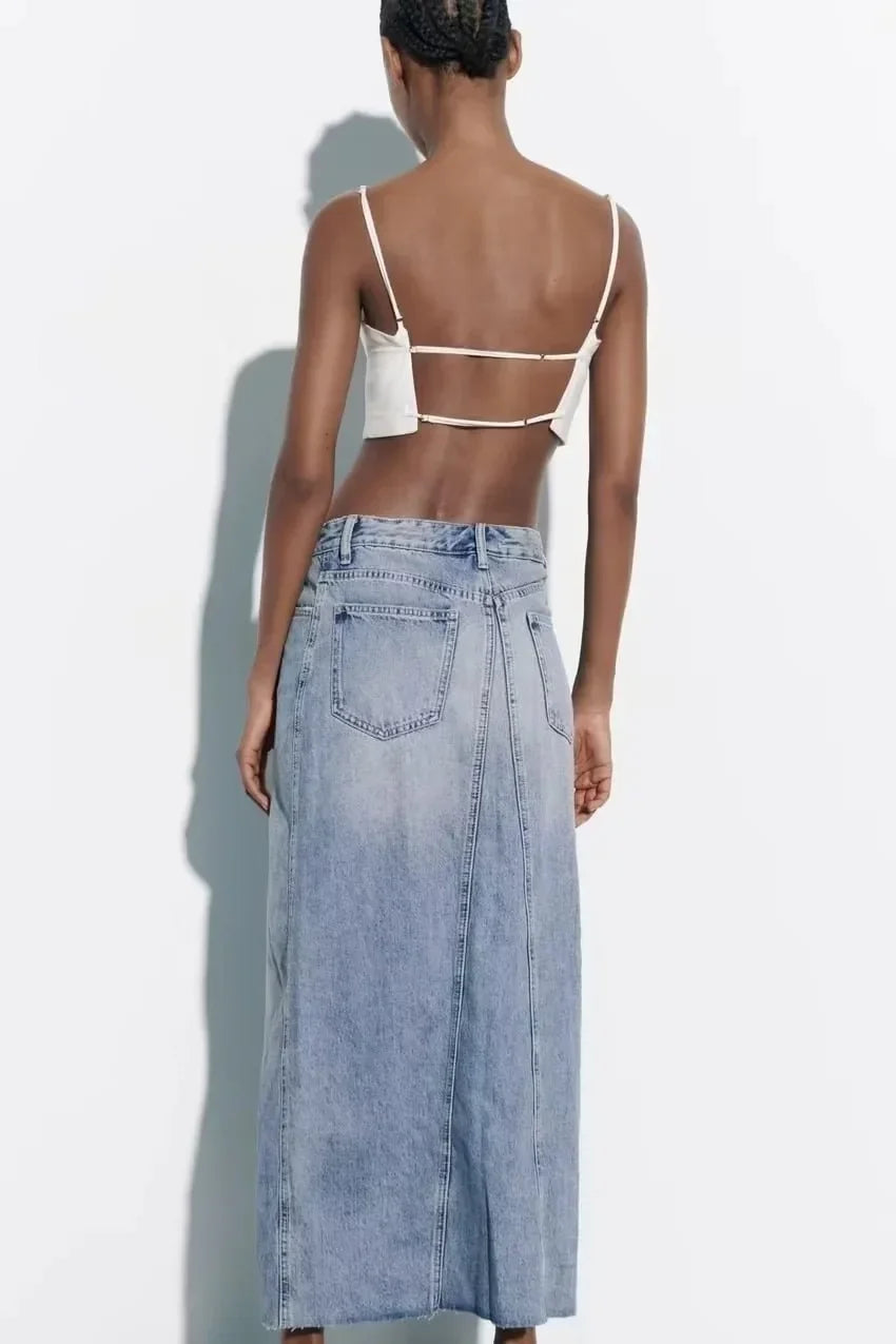 Over Knee Denim Casual Midi Skirt