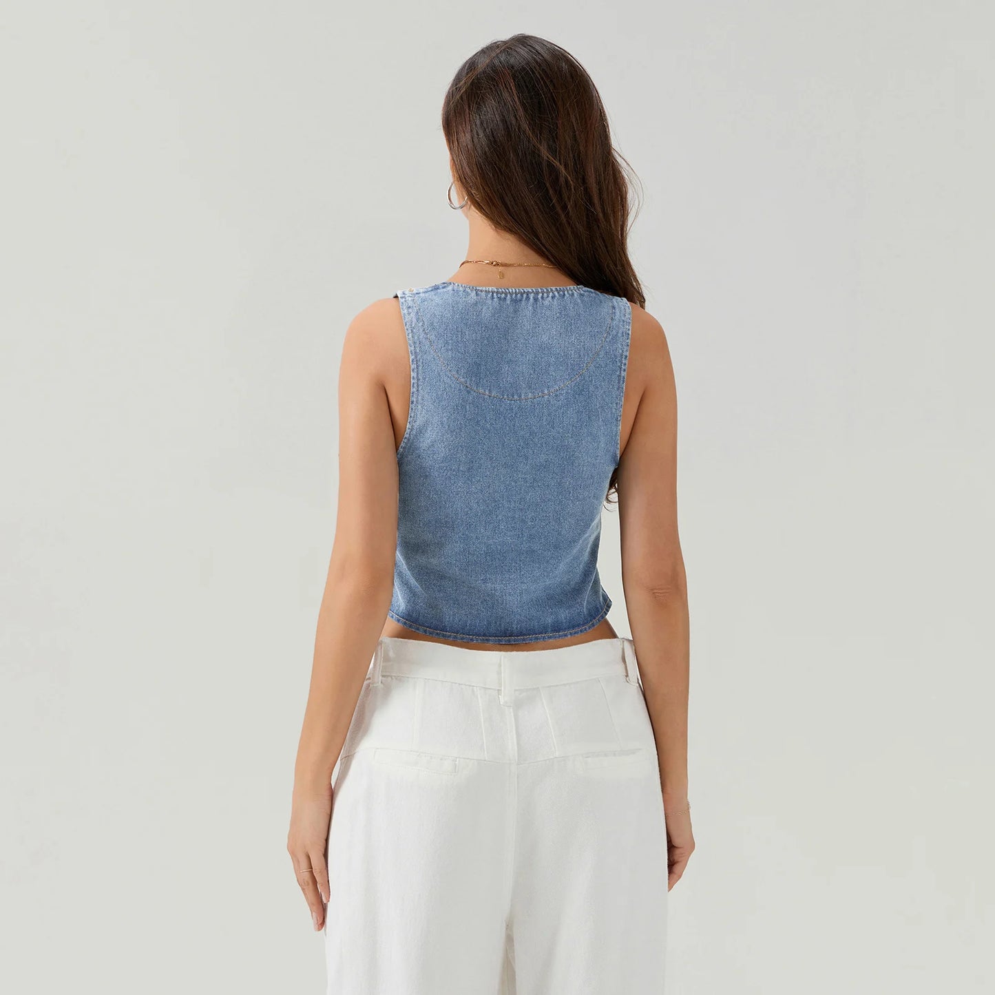 Denim V Neck Tie Up Front Top