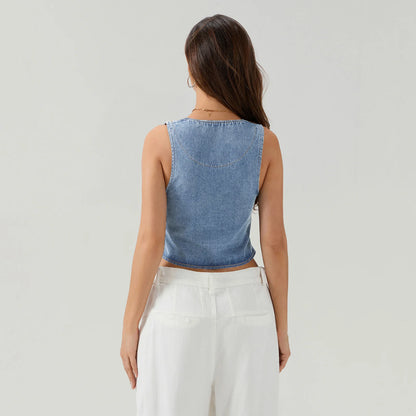 Denim V Neck Tie Up Front Top