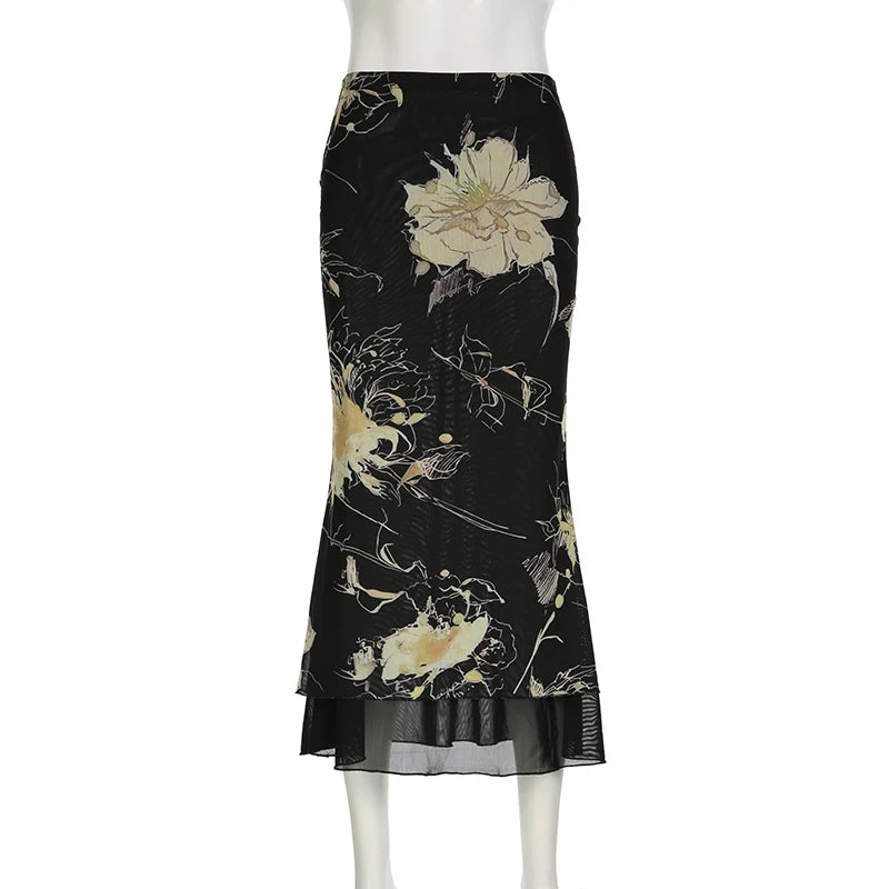 Floral Print Low Rise Long Skirt