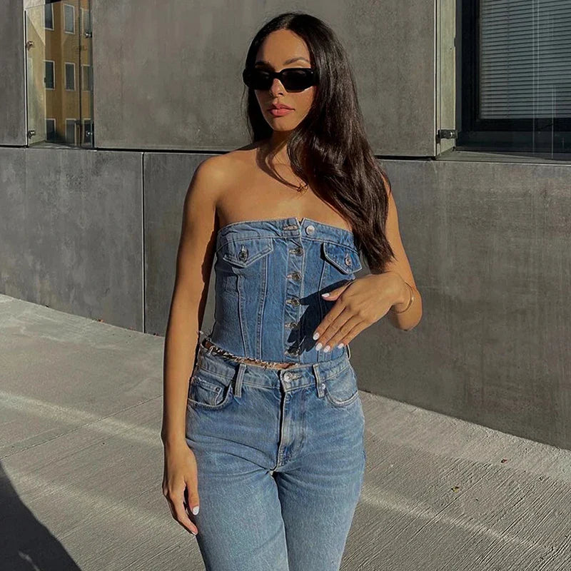 Denim Strapless Pockets