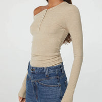 One Shoulder Long Sleeve Button Down Crop Top