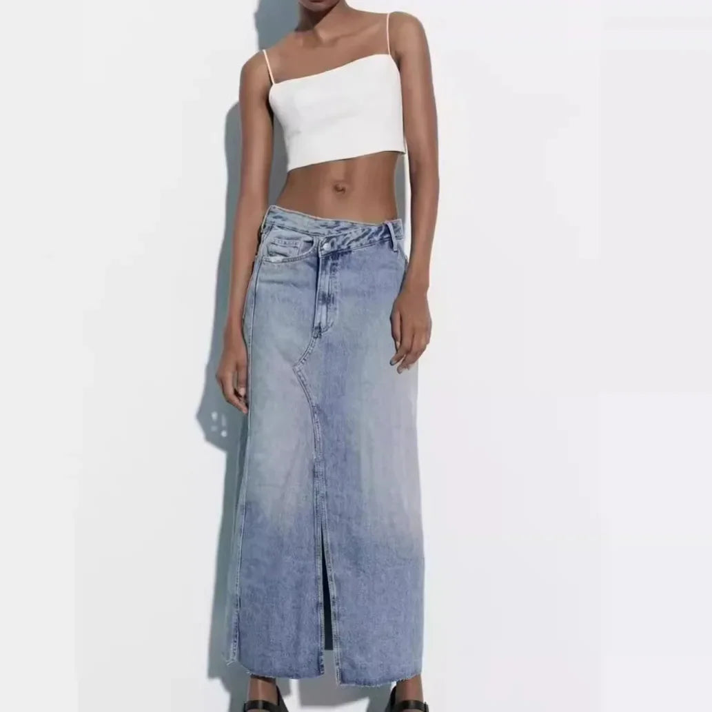 Over Knee Denim Casual Midi Skirt
