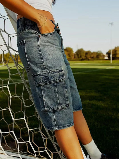 Blue Loose Fit Cargo Denim Shorts