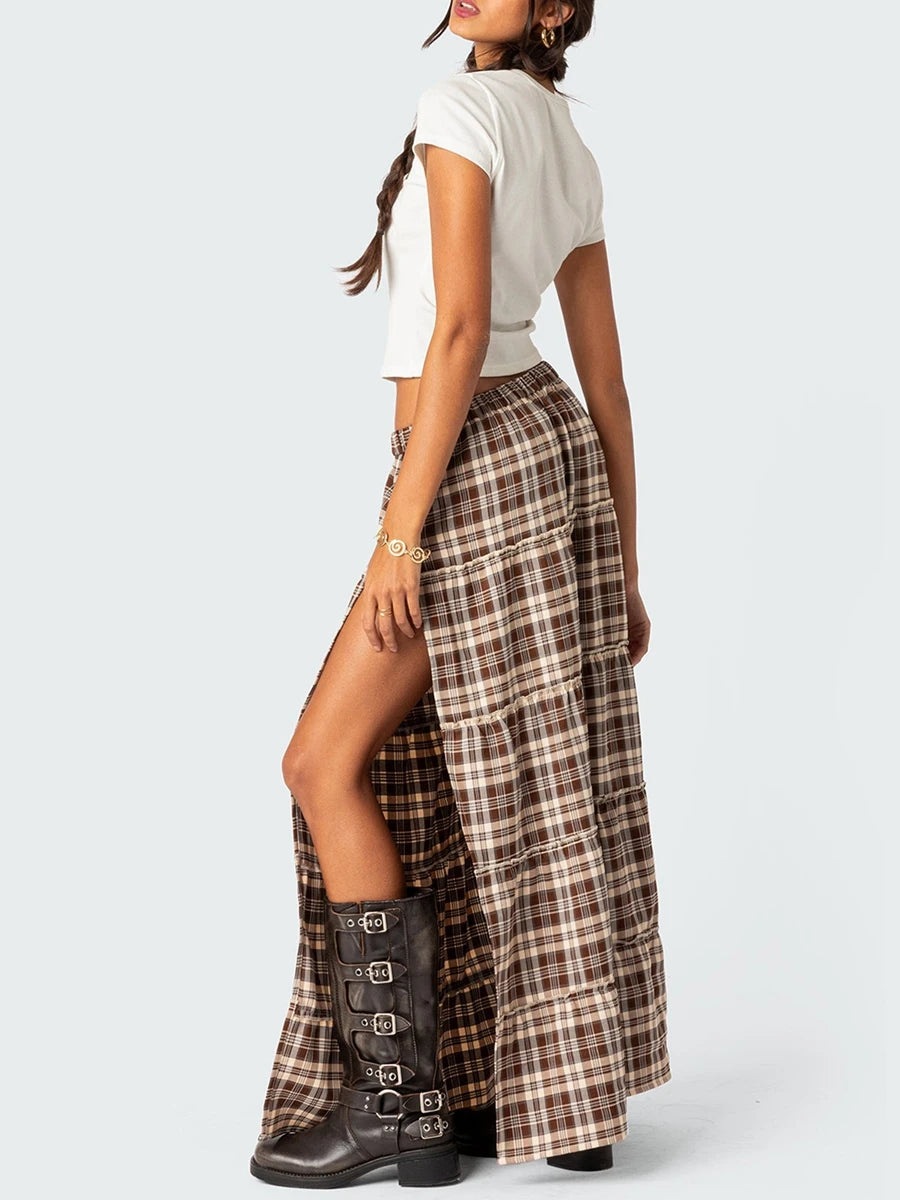Plaid Print Pleated Midi Skirt