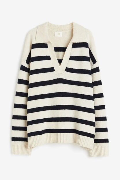 Collar Fine-Knit V-Neck Sweater
