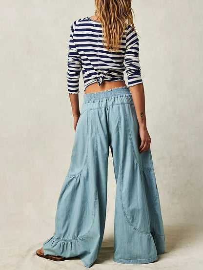 Blue Side‑Pocket Stripe Wide Pants