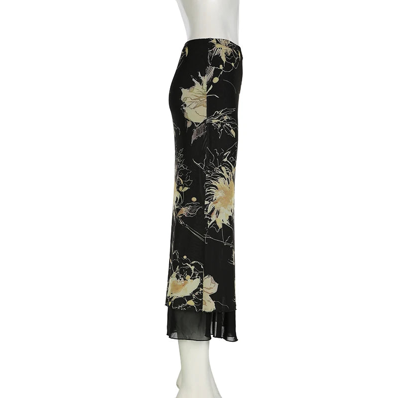 Floral Print Low Rise Long Skirt
