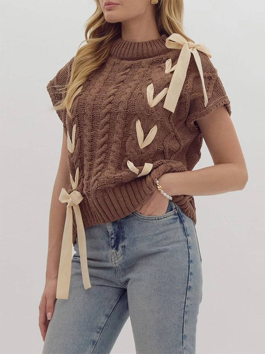 Sleeveless Solid Tie Front Knitted Vest