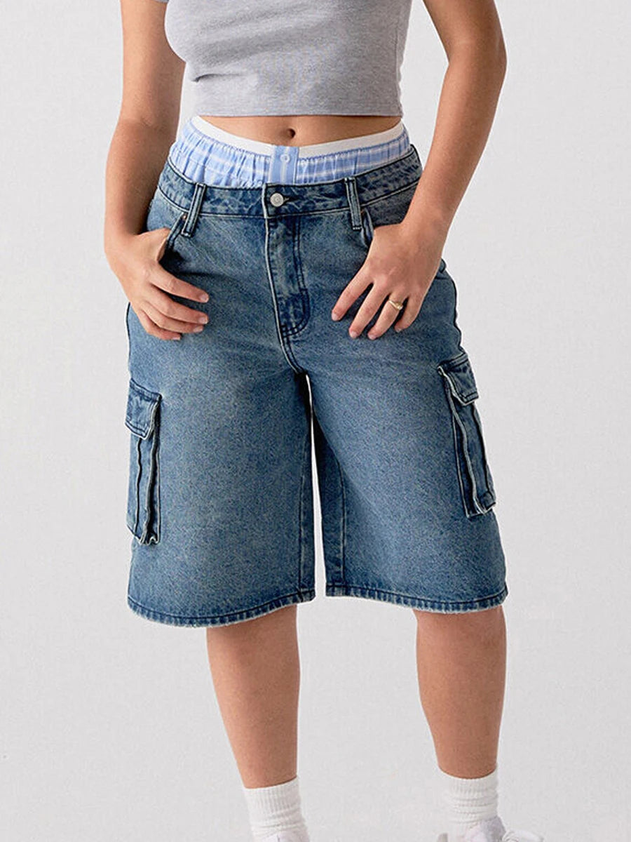 Blue Loose Fit Cargo Denim Shorts