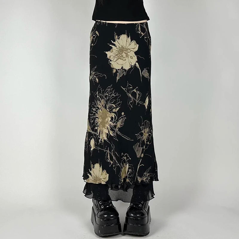 Floral Print Low Rise Long Skirt