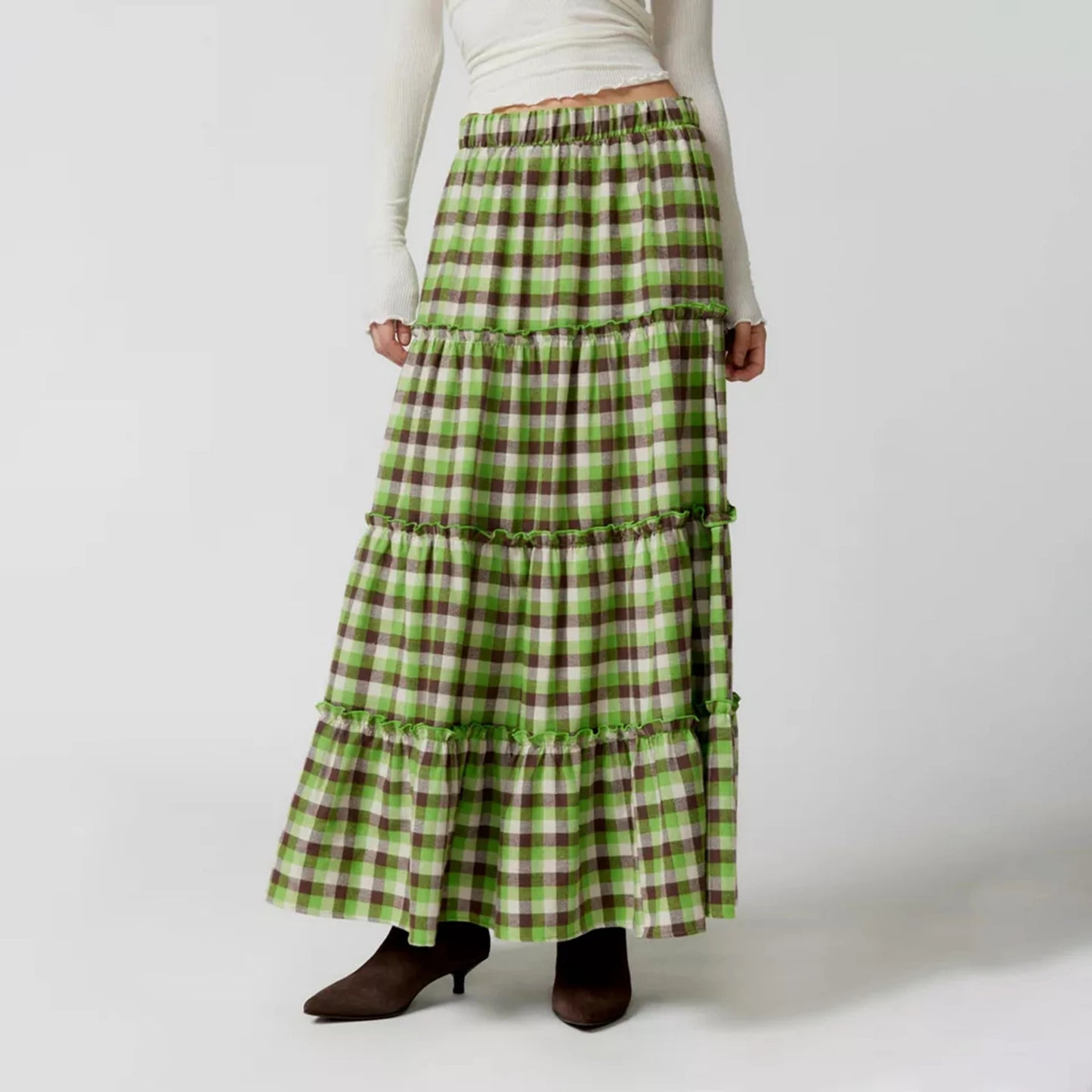 Plaid Pattern Tiered Maxi Skirt