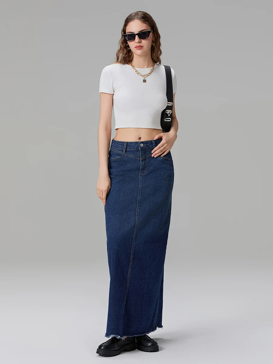 Back-Slit Maxi Jean Skirt